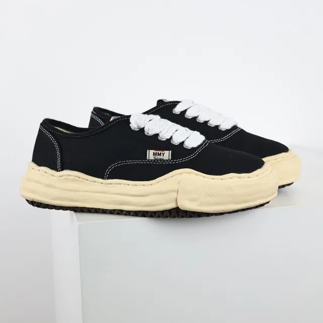 MMY Black Beige Canvas Upper Sculpted Cream Midsole Sneakers