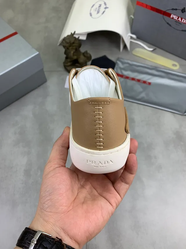Prada Beige White Smooth Leather Upper Flat Laces Lifestyle Sneakers