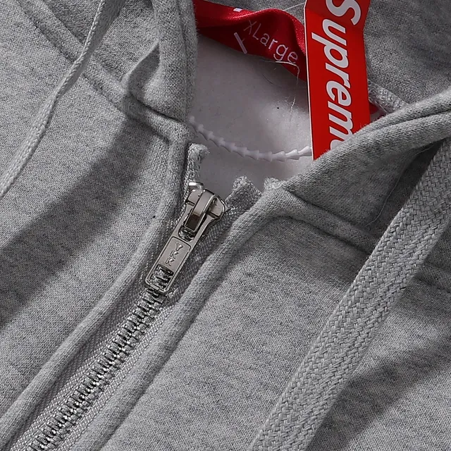 Supreme Full-Zip Navy Gray Embroidered Chest Logo Hoodie