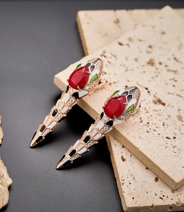 Bvlgari Serpenti Red Cabochon Enamel Snake Head Earrings