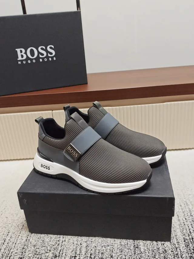 Hugo Boss Gray White Ribbed Knit Upper Strap Closure Lifestyle Sneakers
