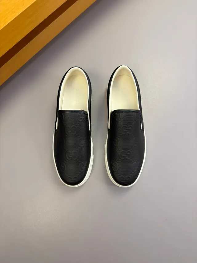 Gucci Black White Embossed GG Monogram Slip-On Construction Loafer