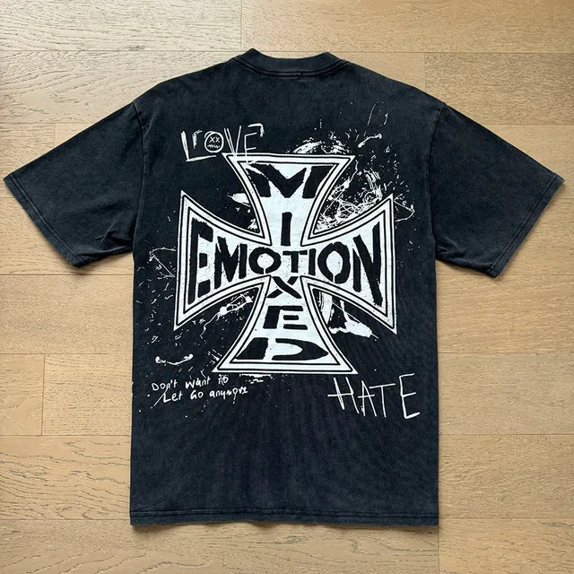 Mixed Emotion Graphic Print Distressed Black Oversized T-Shirt