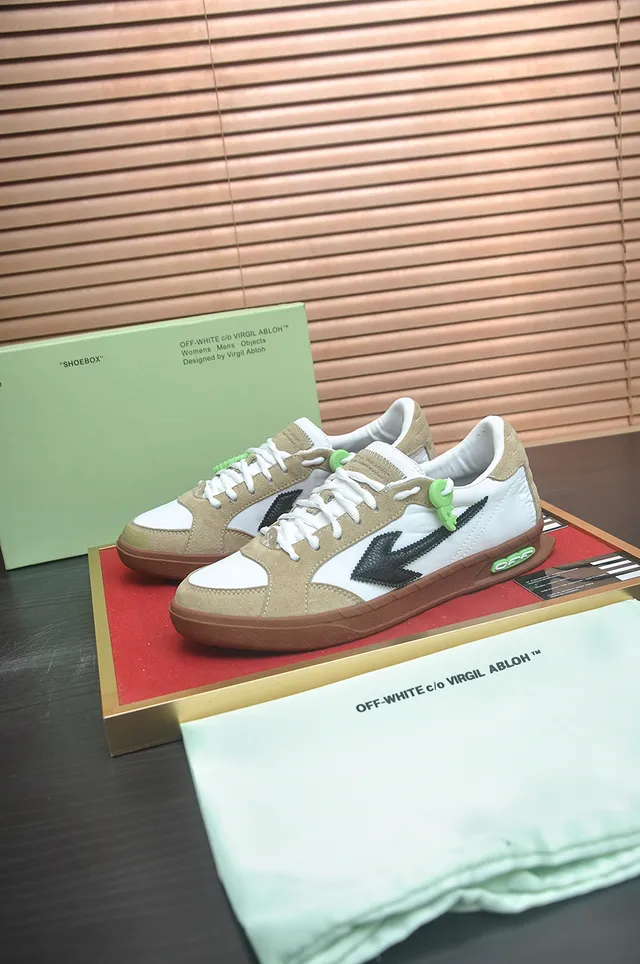 Off-White Beige Green Low-Top Mixed-Material Lifestyle Sneakers