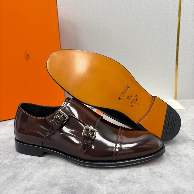 Hermès Double Monk Strap Brown Patent Leather Monk Shoes