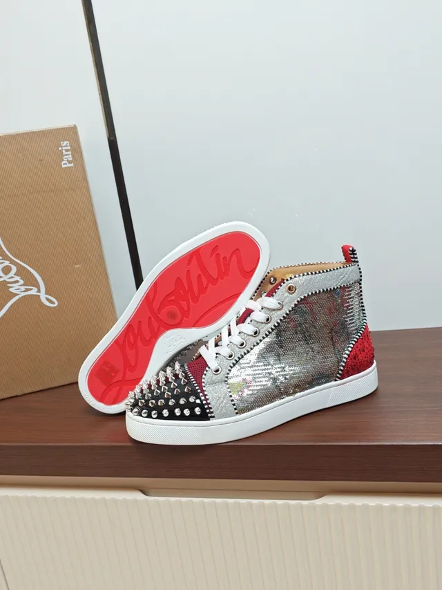 Christian Louboutin Louis Spikes Silver Red High-Top Studded Toe Lifestyle Sneakers