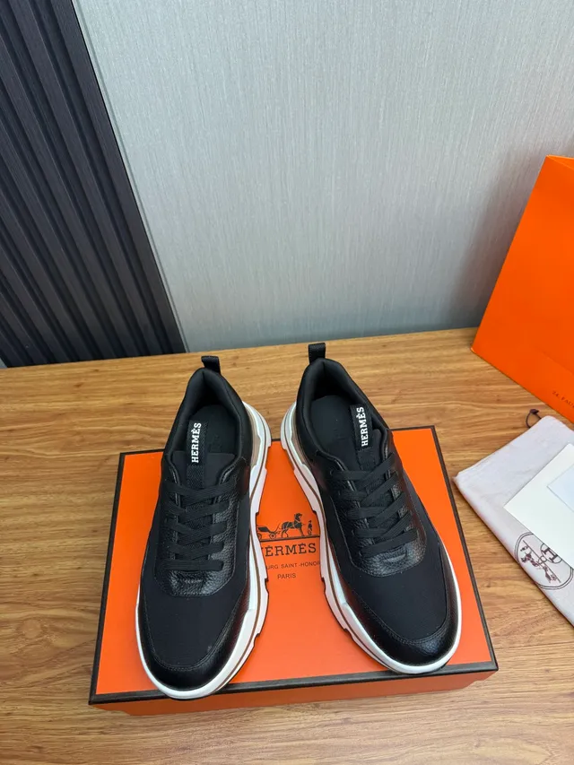 Hermès Black White Textile And Pebbled Leather Upper Layered Tan Sole Sneakers