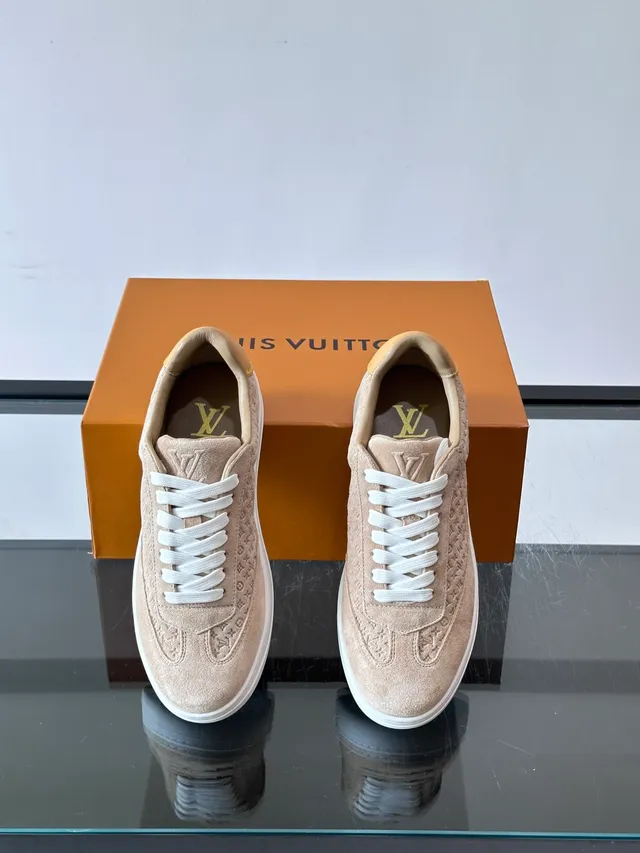 Louis Vuitton LV Trainer Beige White Monogram-Embossed Suede Low-Top Lace-Up Lifestyle Sneakers