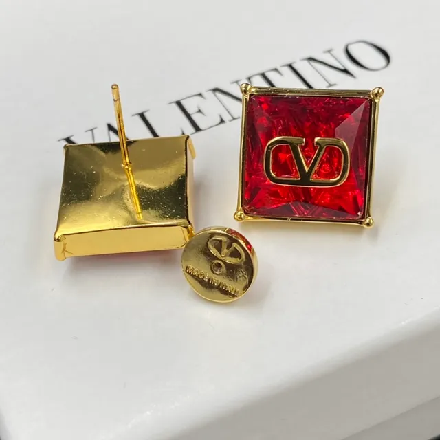 Valentino VLTN Red Gold Square-Cut Faceted Stones Logo Earrings