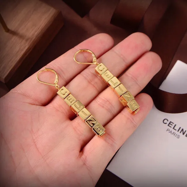 Celine Alphabet Cube Bead Gold Multicolor Lettering Lever-Back Hook Earrings