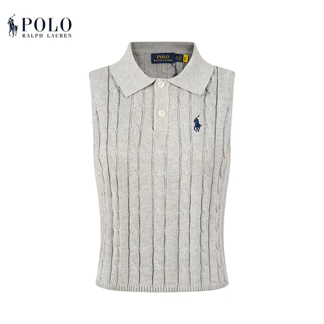 Polo Ralph Lauren Beige Navy Cable-Knit Sleeveless Polo Shirt
