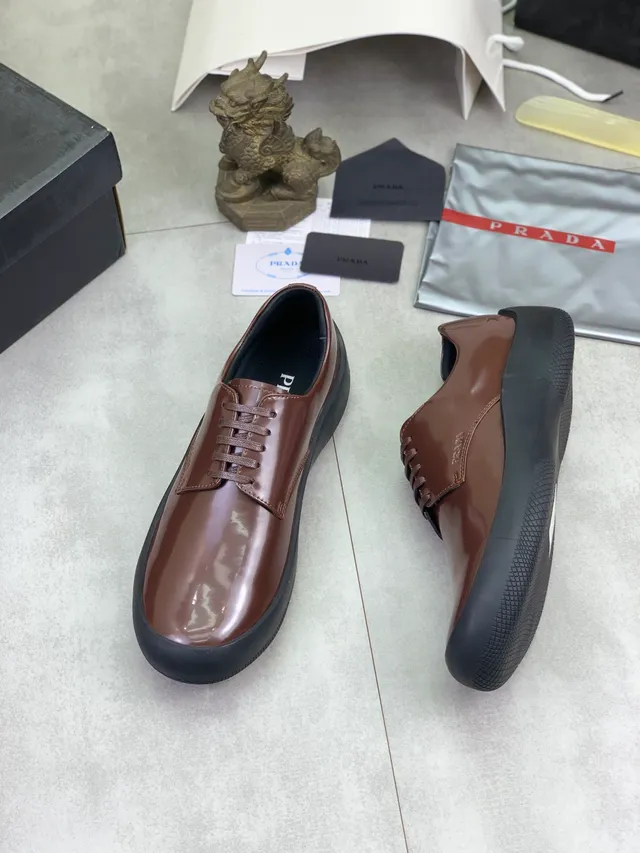 Prada Brown Black Glossy Patent Leather Thick Rubber Sole Oxford Shoes