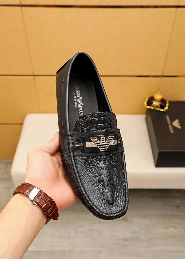 Giorgio Armani Black Gold Crocodile-Embossed Leather Metal Eagle Logo Bar Loafer