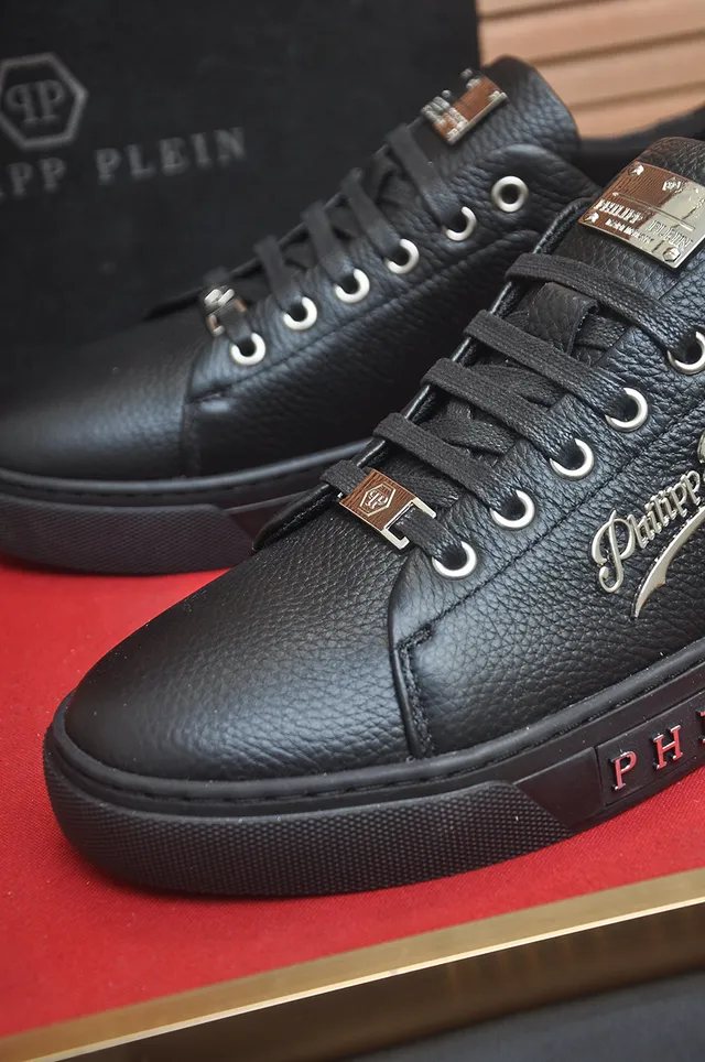 Philipp Plein Black Pebbled Leather Platform Lifestyle Sneakers