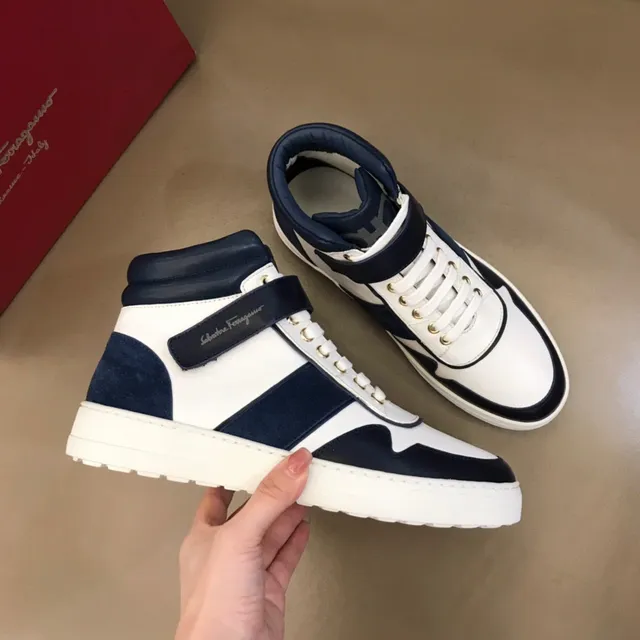 Salvatore Ferragamo White and Navy High-Top Strap Sneakers