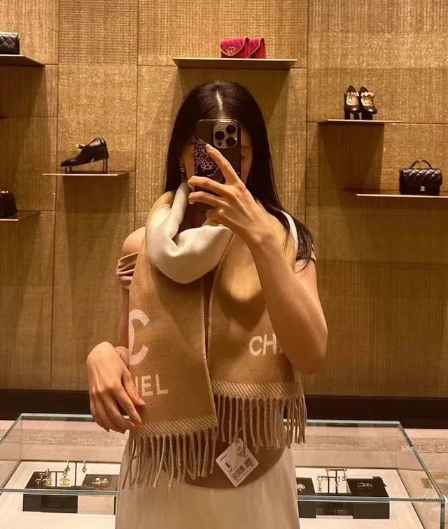 Chanel Monogrammed Beige and Cream Cashmere Scarf