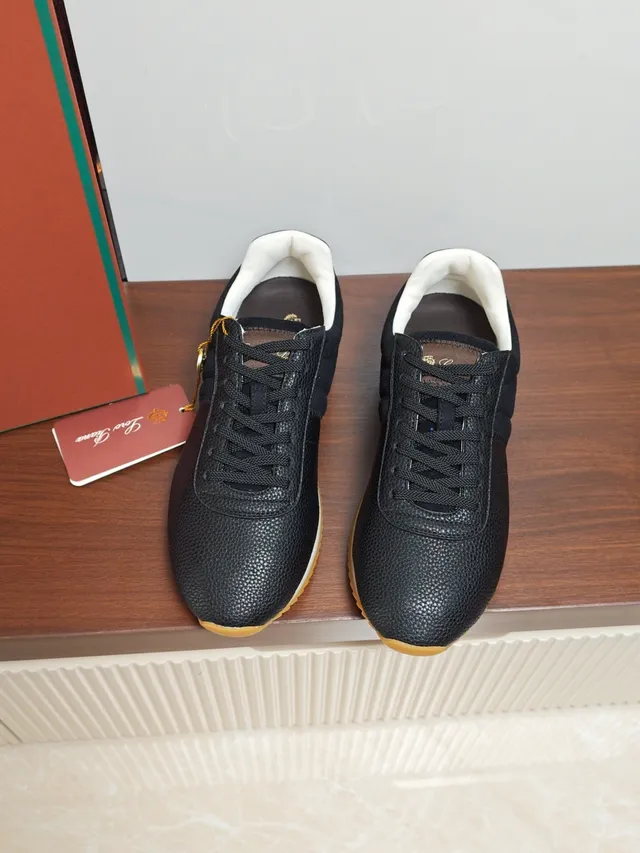 Loro Piana Black Textured Leather and Suede Sneaker