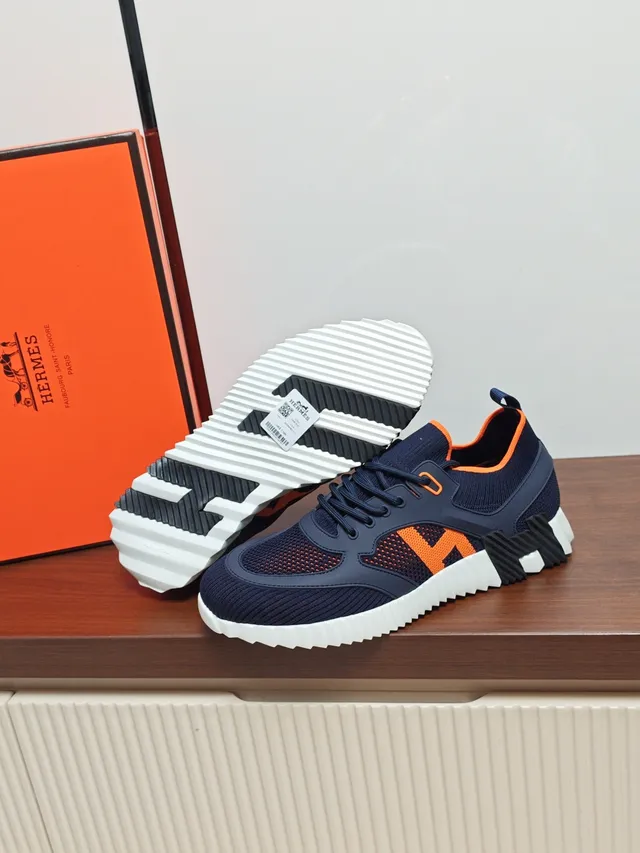 Hermès Navy and Orange Knit Sneaker