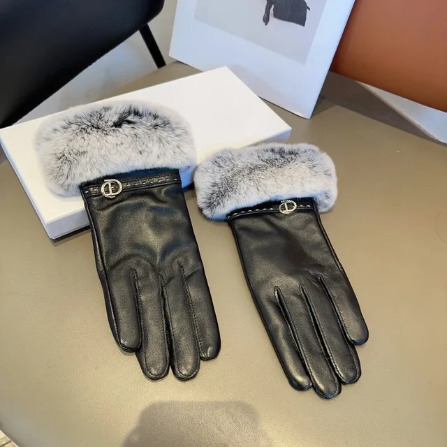 Black Gray Faux Fur Cuff Leather Gloves