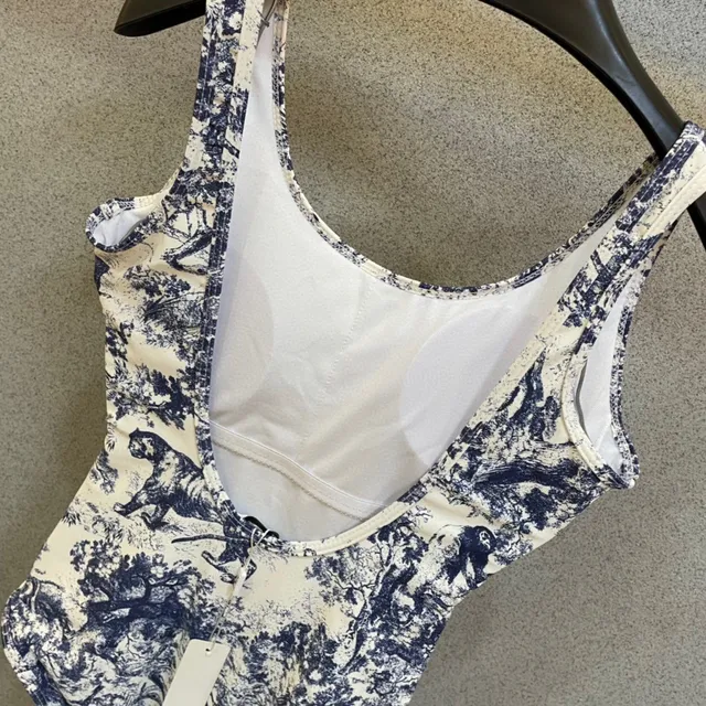 Christian Dior White Blue Toile-Print High-Cut Swimwear