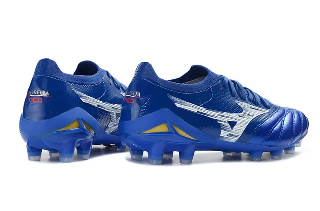 Mizuno Morelia Neo Metallic Blue White Yellow Firm-Ground Soccer Shoes
