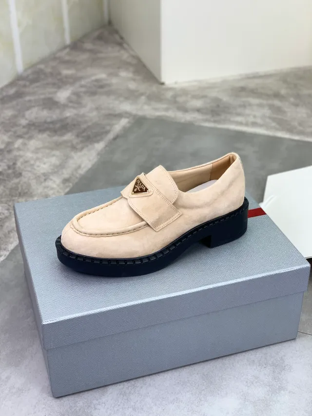 Prada Beige Black Suede Upper Triangle Logo Strap Loafer