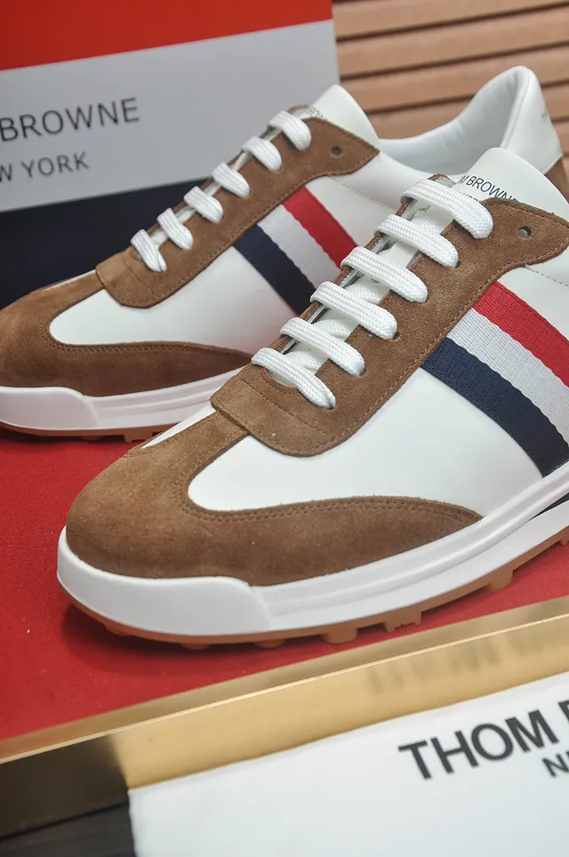 Thom Browne White and Brown Suede Stripe Lifestyle Sneakers