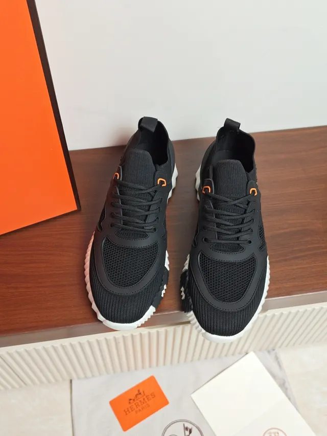 Hermès Black White Knit Upper Sculpted Midsole Sneakers