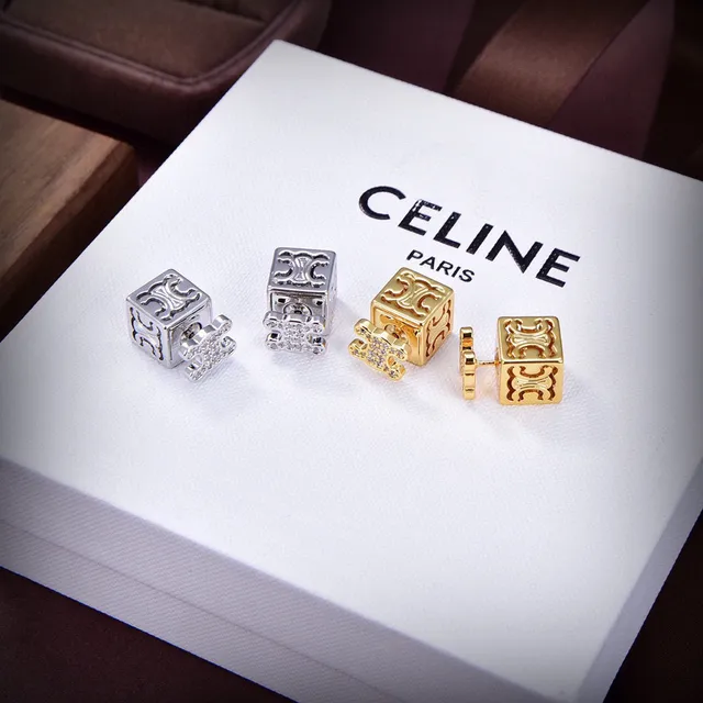 Celine Triomphe Gold Silver Cube-Shaped Engraved Logo Earrings