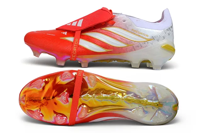 Adidas Predator Red White Laceless Strap Closure Iridescent Translucent Heel Cage Firm-Ground Soccer Shoes