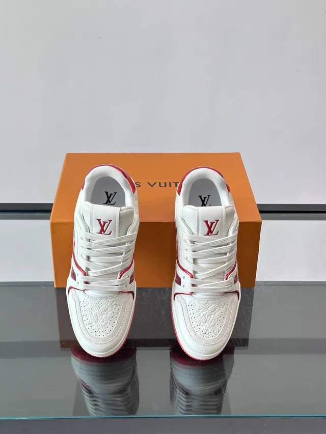 Louis Vuitton LV Trainer White Red Textured Grain Leather Perforated Detailing Lifestyle Sneakers