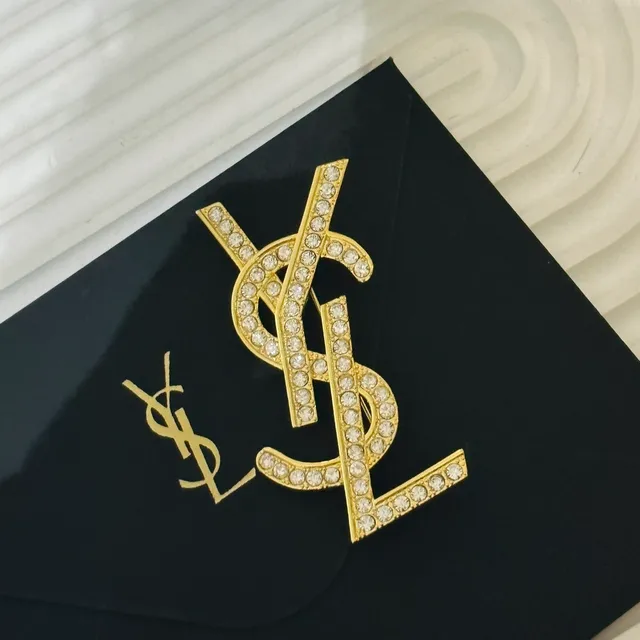 Saint Laurent YSL Monogram Crystal-Embellished Gold-Tone Brooch