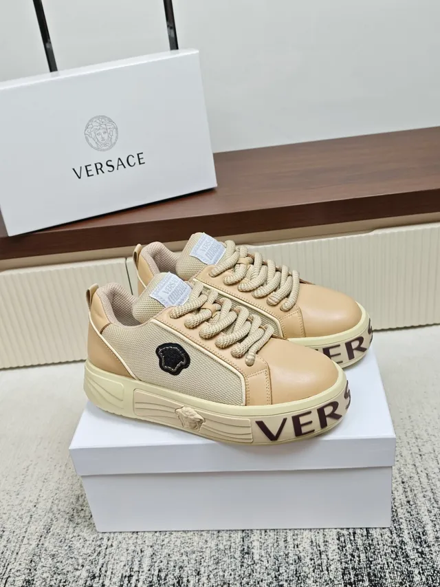 Versace Beige Brown Mesh And Leather Upper Thick Platform Sole Chunky Sneakers