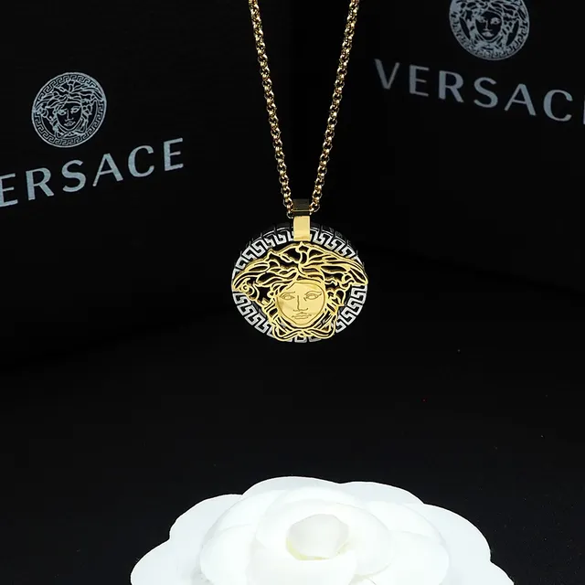 Versace Medusa Gold Silver Openwork Head Greek Key Border Necklace