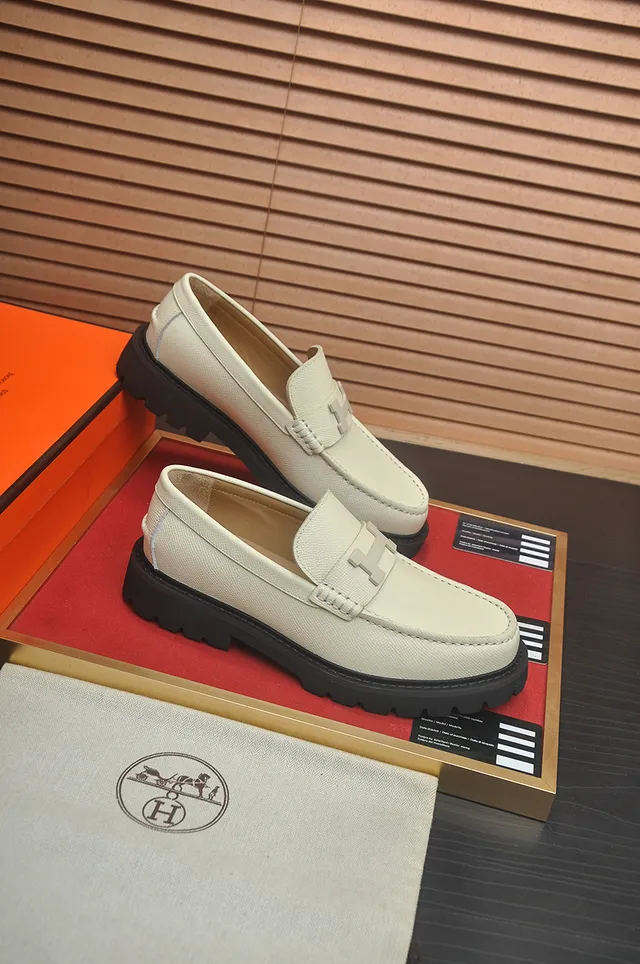 Hermès H-Buckle Loafer Beige Black Hardware Textured Leather Loafer