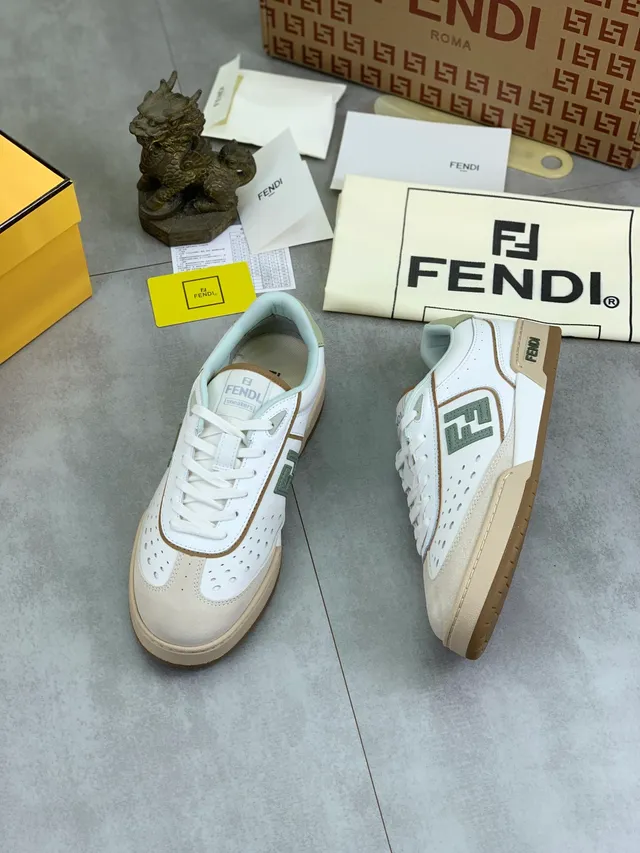 Fendi Sneakers White Beige Mint Green Perforated Leather Lifestyle Sneakers