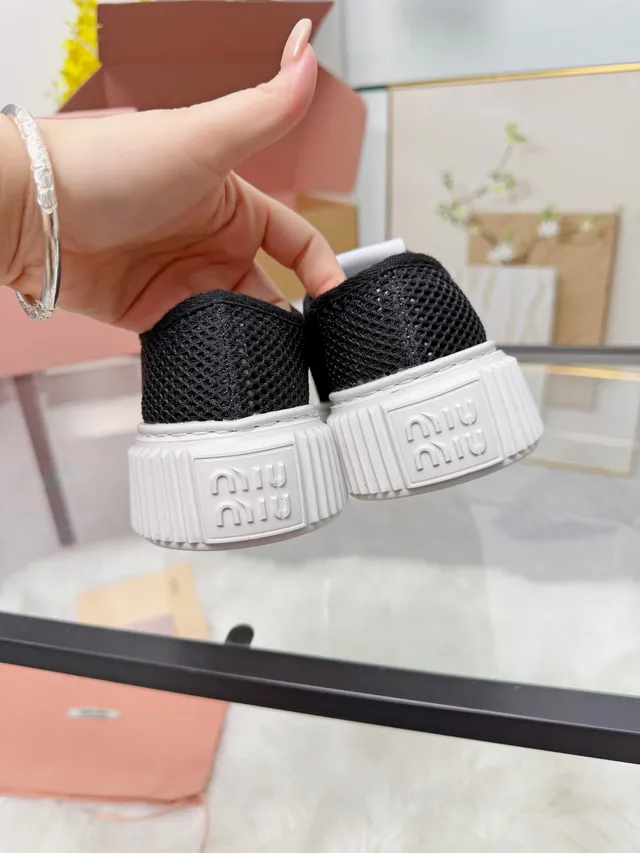 Miu Miu Wander Black White Mesh Upper Ridged Platform Sole Chunky Sneakers