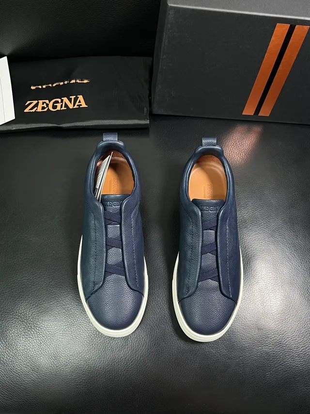 Zegna Navy Pebbled Leather Slip-On Lifestyle Sneakers