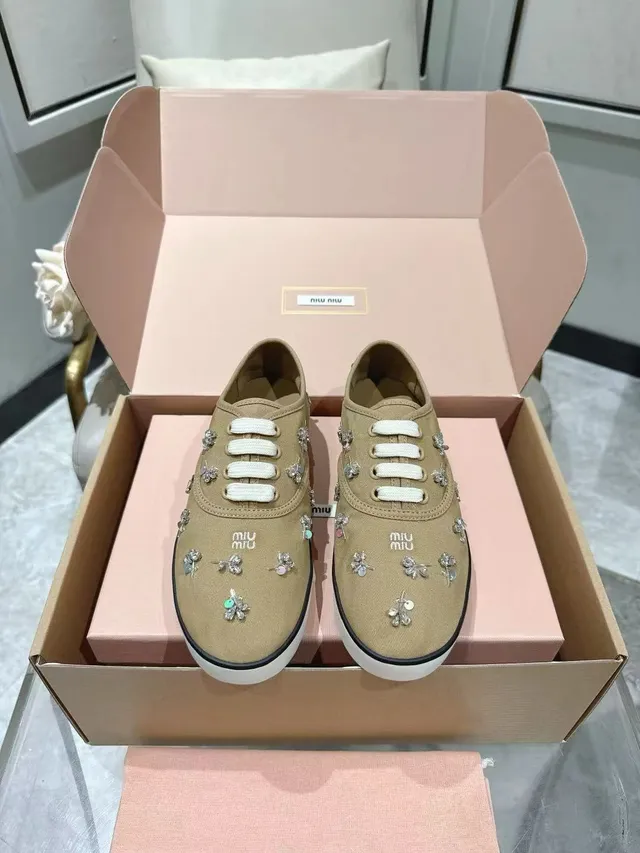 Miu Miu Beige White Embellished Crystal-Floral Sneakers