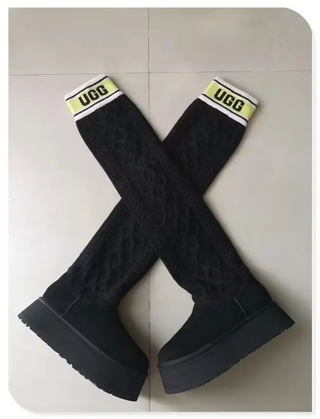 UGG Classic Black Yellow Platform Sole Ruched Knit Leg Warmer Knee Boots