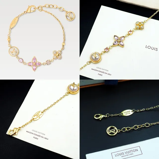 Louis Vuitton Gold-Tone Pearl and Pink Crystal Floral Charm Bracelet