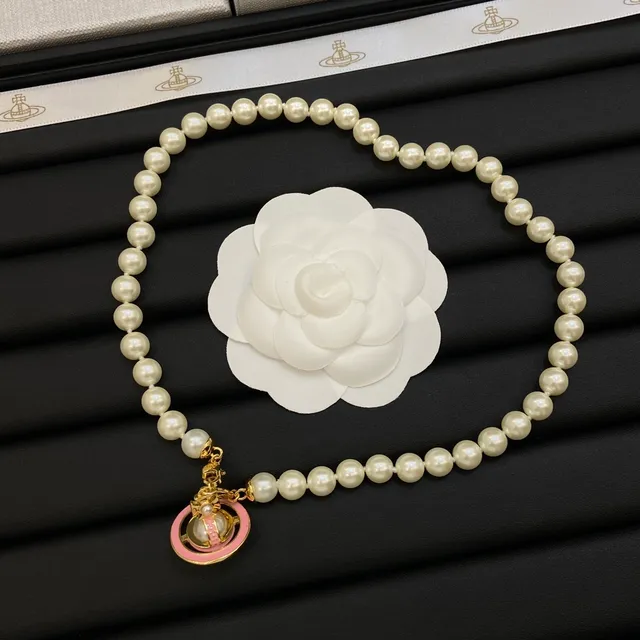 Vivienne Westwood Orb Beige Pink Pearl Strand Pendant Necklace
