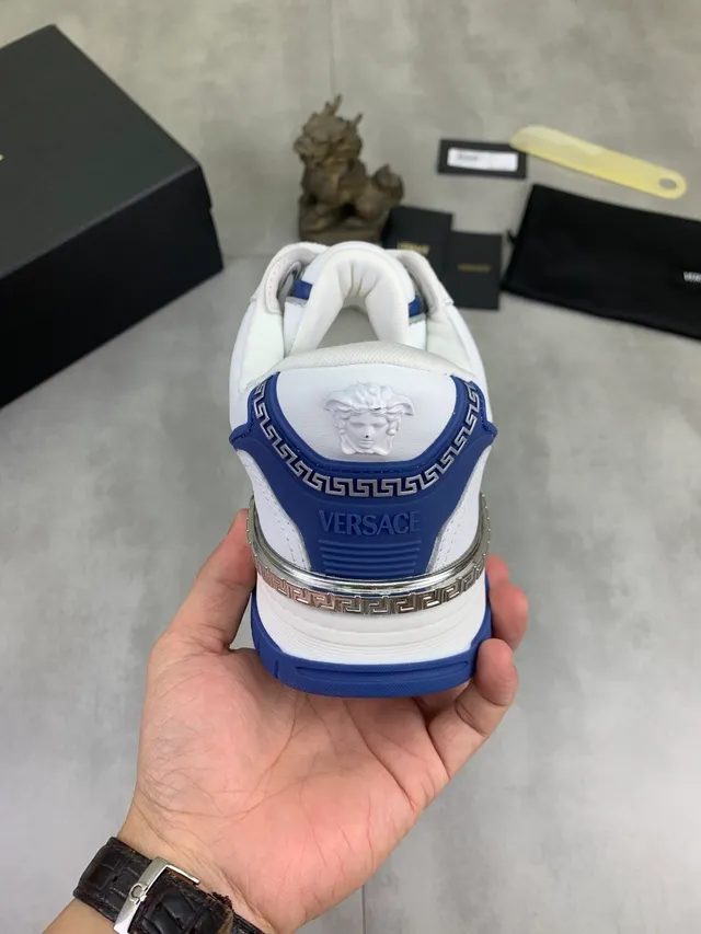 Versace Odissea White and Blue Embossed Greca Lifestyle Sneakers
