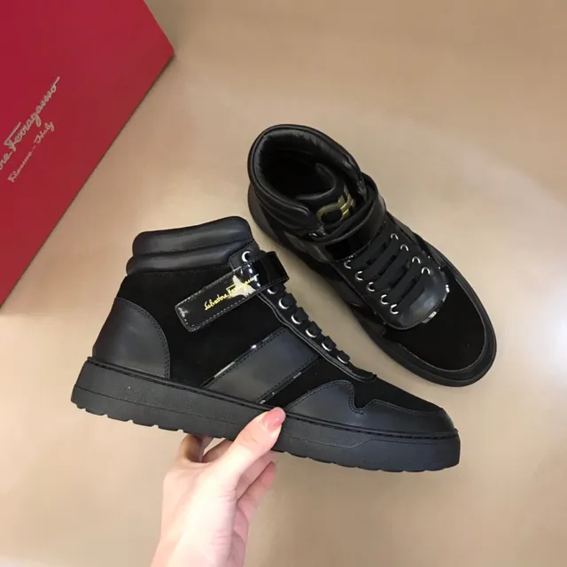 Salvatore Ferragamo High-Top Black Suede and Patent Leather Lifestyle Sneakers