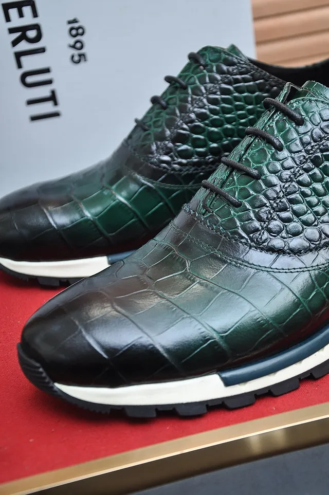 Berluti Green Crocodile-Embossed Cap-Toe Derby Shoes