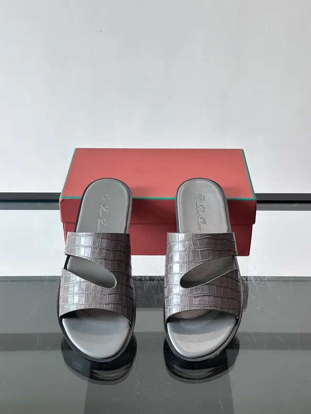 Loro Piana Croc-Embossed Two-Strap Slide Casual Sandals