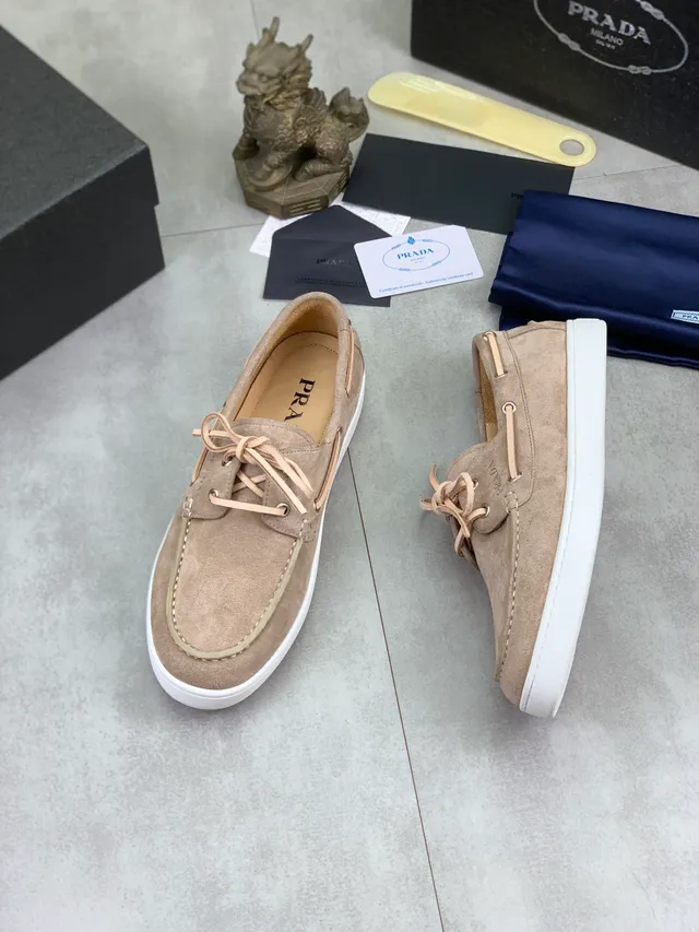 Prada Beige White Suede Upper Moc-Toe Stitching Boat Shoes