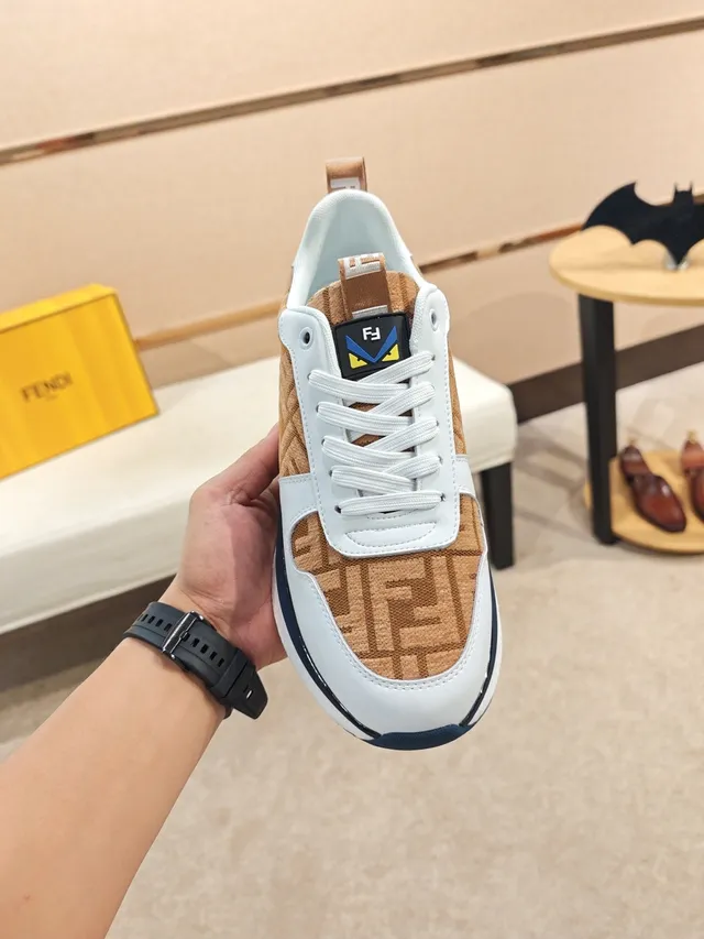 Fendi Monogram Textile and White Leather Chunky Sneaker