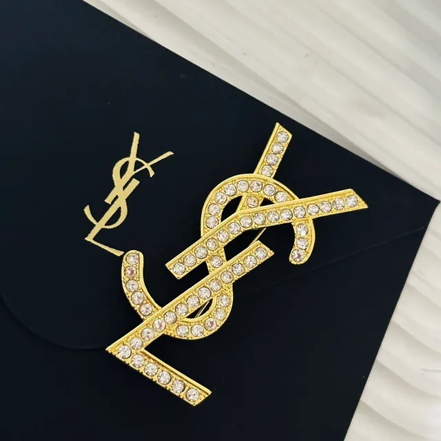 Saint Laurent YSL Monogram Crystal-Embellished Gold-Tone Brooch