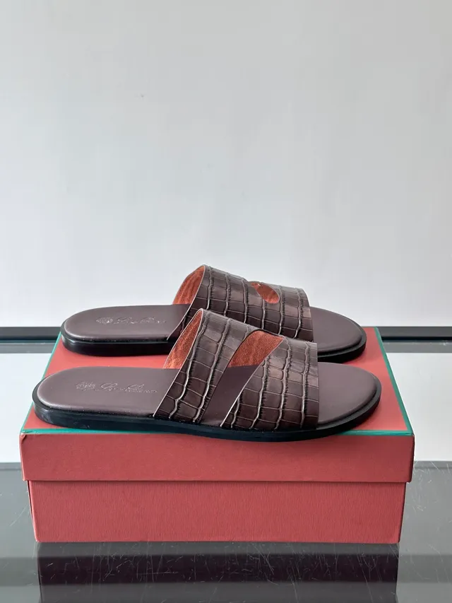 Loro Piana Croc-Embossed Two-Strap Slide Casual Sandals